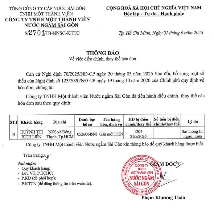 Thông báo về việc điều chỉnh, thay thế hóa đơn