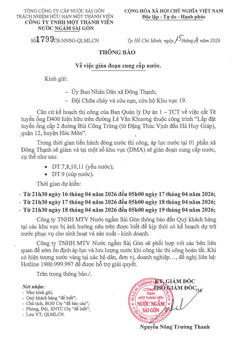 Thông báo về việc gián đoạn cung cấp nước