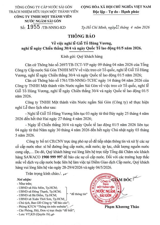 Thông báo về việc nghỉ lễ Giỗ Tổ Hùng Vương, nghỉ lễ ngày Chiến thắng 30/4 và ngày Quốc Tế lao động 01/5 năm 2026