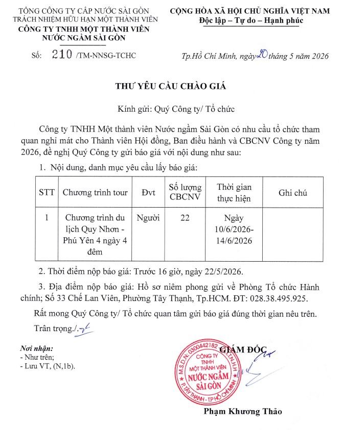 THƯ YÊU CẦU CHÀO GIÁ CHƯƠNG TRÌNH DU LỊCH QUY NHƠN - PHÚ YÊN 4 NGÀY 4 ĐÊM